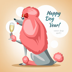 The royal poodle with a glass of champagne celebrates the new year
