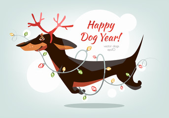 Funny and cheerful dachshund jumps with horns and a garland in the teeth