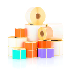 White and colored label rolls isolated on white background with shadow reflection. Color reels of labels for printers. Labels for direct thermal or thermal transfer printing.