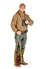 Full length portrait of a male hunter with double barreled shotgun Isolated on white background. hunting and people concept.