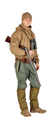 Full length portrait of a male hunter with double barreled shotgun Isolated on white background. hunting and people concept.
