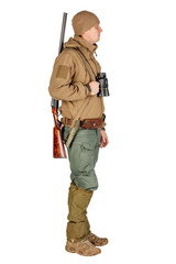 Full length portrait of a male hunter with double barreled shotgun Isolated on white background. hunting and people concept.
