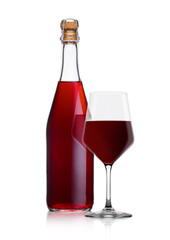 Bottle of homemade red wine and glass with cork