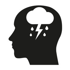 Depression mental disease icon. Stock Vector illustration of a human profile with a raining cloud on a brain's place.