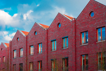 red brick townhouses in industrial style with high saturation