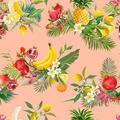 Seamless Tropical Fruits Pattern. Exotic Background with Pomegranate, Banana, Flowers and Palm Leaves for Wallpaper, Wrapping Paper, Fabric. Vector illustration