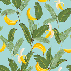 Tropical Seamless Pattern with Bananas and Palm Leaves. Summer Floral Background for Wallpaper, Fabric, Wrapping Paper. Vector illustration