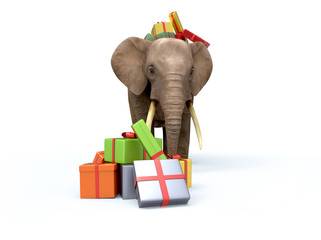 Fototapeta premium Elephant with gift boxes. 3d illustration