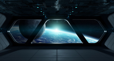Spaceship futuristic interior with view on planet Earth © sdecoret