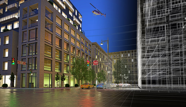 Centro di new york, illustrazione 3d, strada e palazzi, grattacieli e automobili