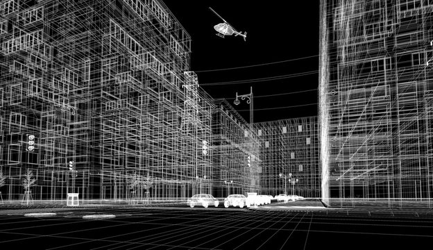Centro di new york, illustrazione 3d, strada e palazzi, grattacieli e automobili