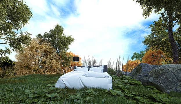 dormire all'aperto, camping, letto nel bosco, illustrazione 3d