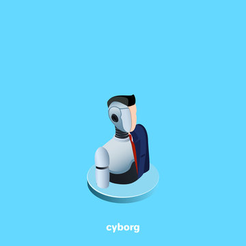Icon of the cyborg, one half of which looks like a man in a business suit, isometric image