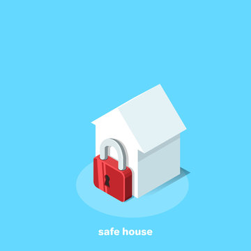 white house and red lock icon, isometric image