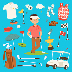 Golf player clothes and accessories vector illustration. Golfing club male outdoor game player. Different swing sport hobby equipment golf set. Professional play competition lifestyle