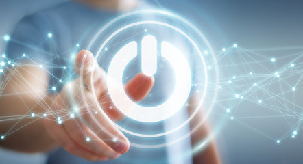 Businessman using 3D render power button with connections