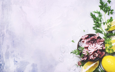 Small red octopus on the ice with green herbs and lemon, gray background, top view