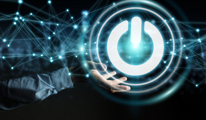 Businessman using 3D render power button with connections