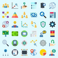 Icons about Marketing with newspaper, growth, location, money, worldwide and settings