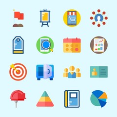 Icons about Business with presentation, pie chart, user, teamwork, tag and id card