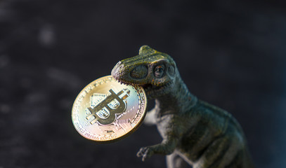 dinosaur keeps the crypto currency in the teeth