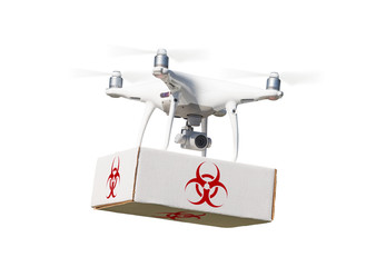 Unmanned Aircraft System (UAV) Quadcopter Drone Carrying Package With Biohazard Symbol Label On White.