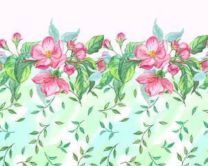 Seamless border of apple blossoms and decorative branches, watercolor illustration.