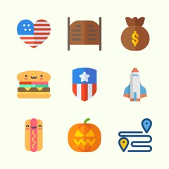 Icons about United States with salon, united states, rocket ship, hot dog, usa and route