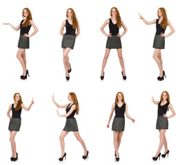 Fototapeta premium Red hair girl in gray dress isolated on white
