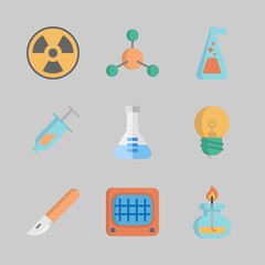 Icons about Science with burner, light bulb, radiation, syringe, monitor and flask