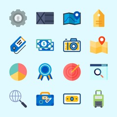 Icons about Commerce with photo camera, tag, settings, location, wallet and map