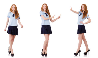 Fototapeta premium Young naughty student pressing virtual button isolated on white