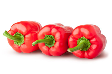 three red sweet pepper, paprika, clipping path, isolated on white background, full depth of field