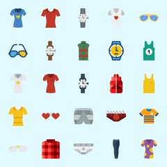 Icons about Man Clothes with short, vest, shirt, sunglasses, sleeveless and watch