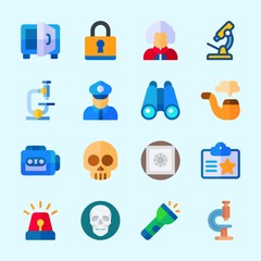 Icons about Crime Investigation with skull, pipe, microscope, judge, policeman and safebox