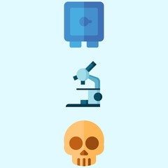 Icons about Crime Investigation with microscope, safebox and skull