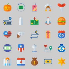Icons about United States with native american, independent day, pumpkin, sheriff, hot dog and hamburger