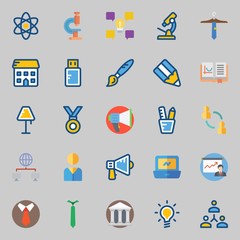 Icons about School And Education with physics, microscope, megaphone, networking, museum and idea