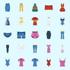 Icons about Women Clothes with dress, panties, sleeveless, swimsuit, shirt and trousers