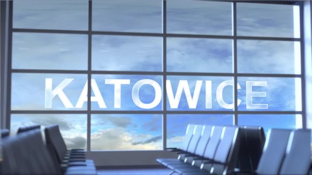 Commercial airplane landing at Katowice international airport. Travelling to Poland conceptual intro animation