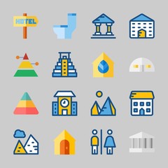 Icons about Construction with pyramids, monumental, wc, real estate, hotel and pyramid