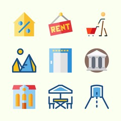 Icons about Construction with tunnel, elevator, real estate, percentage, pyramids and for rent