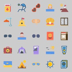 Icons about Beach And Camping with sun, tent, sea life, suitcase, matches and mountains