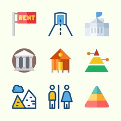 Icons about Construction with pyramids, museum, tunnel, for rent, toilet and rent