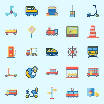 Icons about Transportation with road sing, van, tram, gps, location and truck