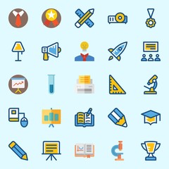 Icons about School And Education with pencil, microscope, tie, open book, online education and idea