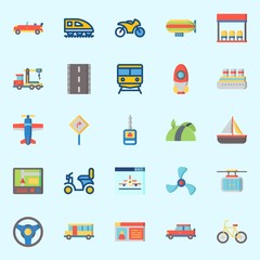 Icons about Transportation with crane, bicycle, cable car, driving license, plane and road
