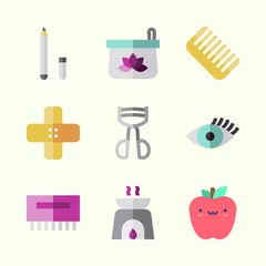 Icons about Beauty with eyelash, eyelashes curler, eye pencil, comb, apple and aromatherapy