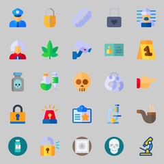 Icons about Crime Investigation with razor, evidence, marijuana, pipe, safebox and point