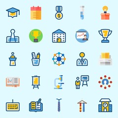 Icons about School And Education with open book, pencil case, lecture, microscope, user and trophy